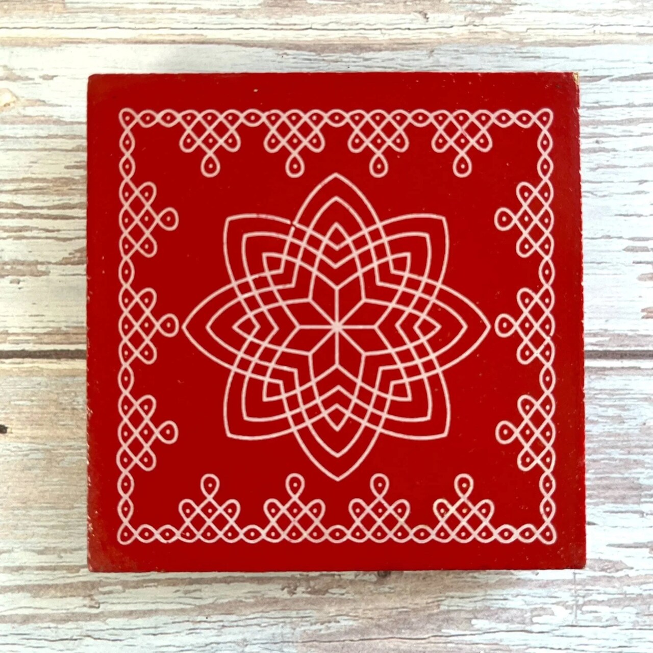 4x4 Inch Wooden Puja Chowki Handcrafted Floral Printed Traditional Chaurang Chowki for God Idols Kalash - Festive Decor for Pooja Home Temple Mandir - Diwali Housewarming Gift